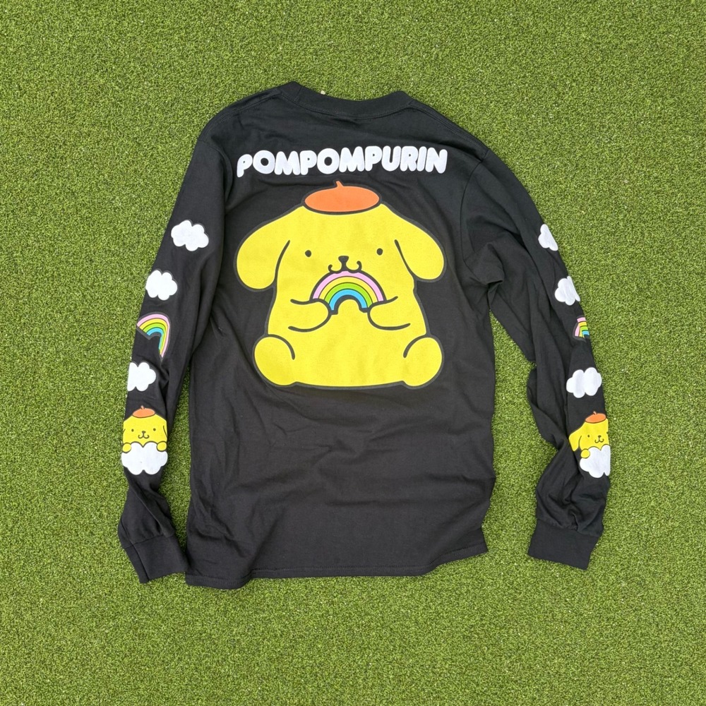 Sanrio Pompompurin Long Sleeve Graphic Tee Black Rainbow Clouds Small - Picture 2 of 2